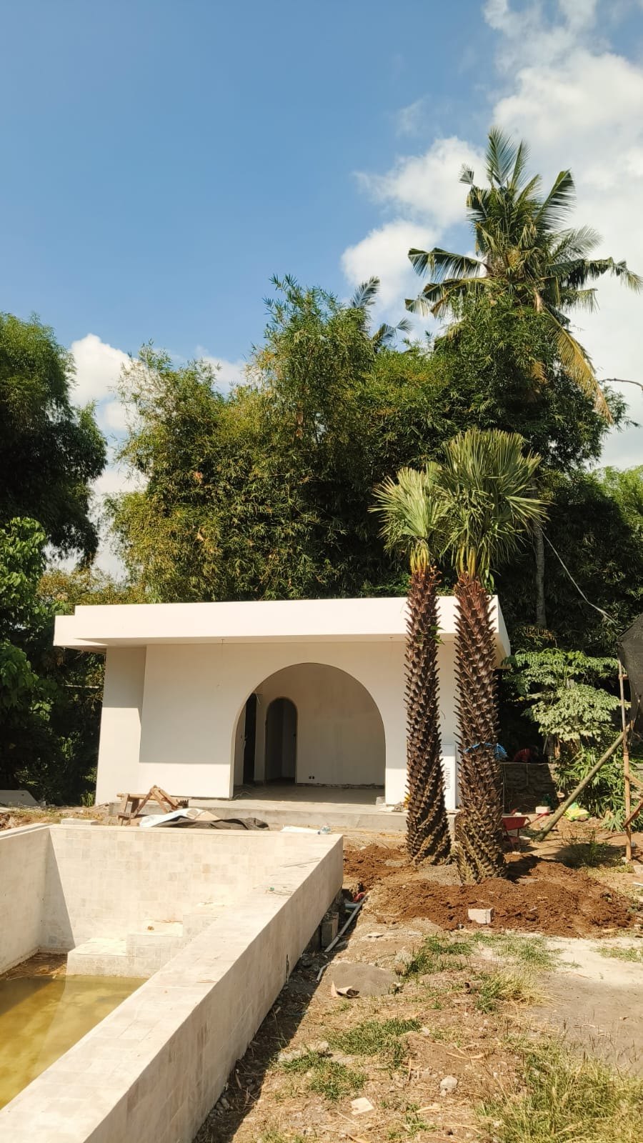 Pavillon terminé et bassin en construction