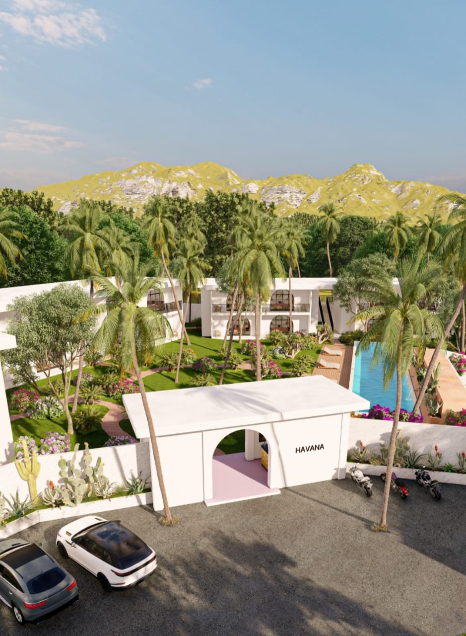 Vue aérienne du domaine Havana : le portail d'entrée, la piscine et les jardins