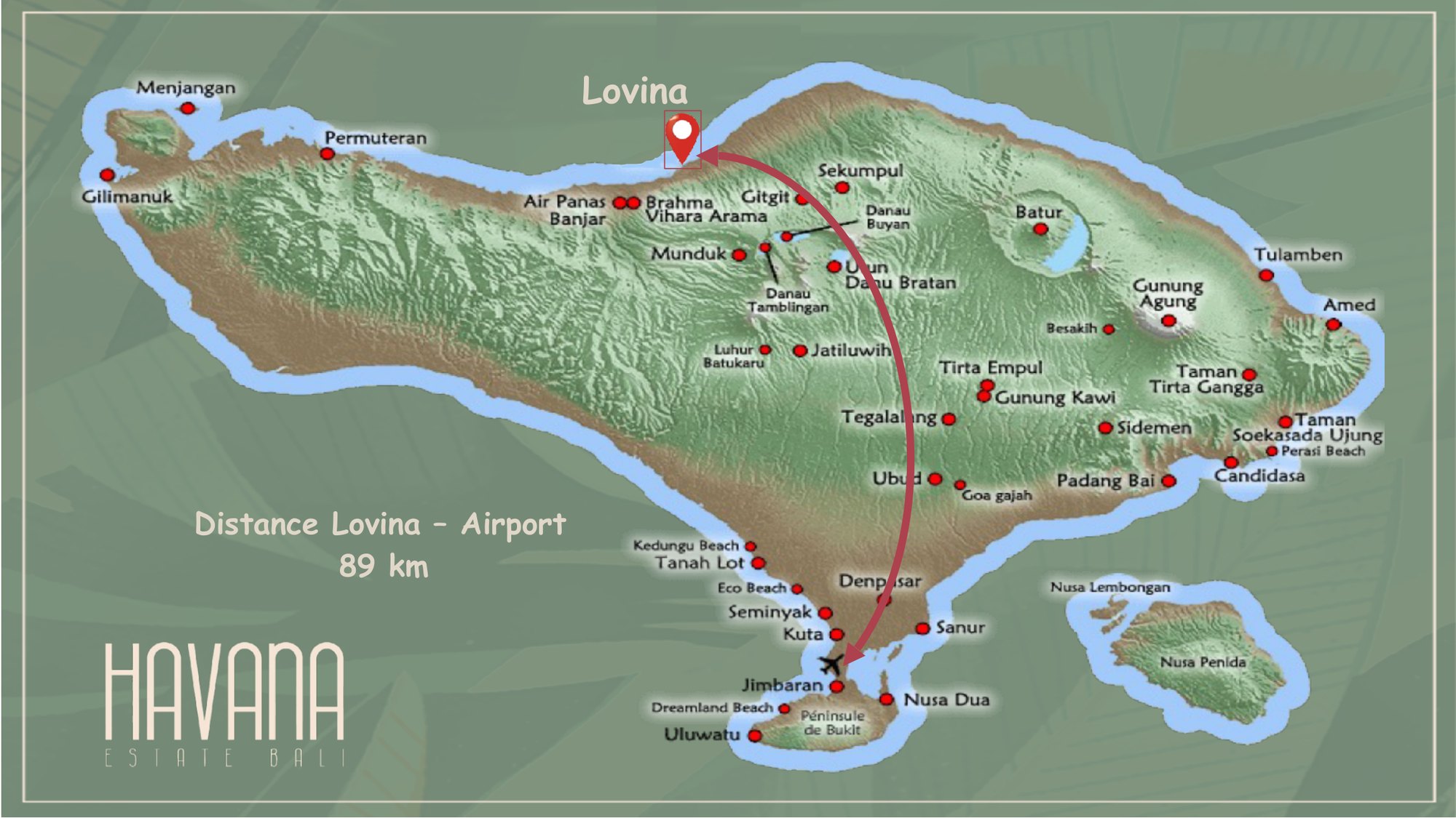 Carte de Bali situant Lovina et l'aéroport de Denpasar