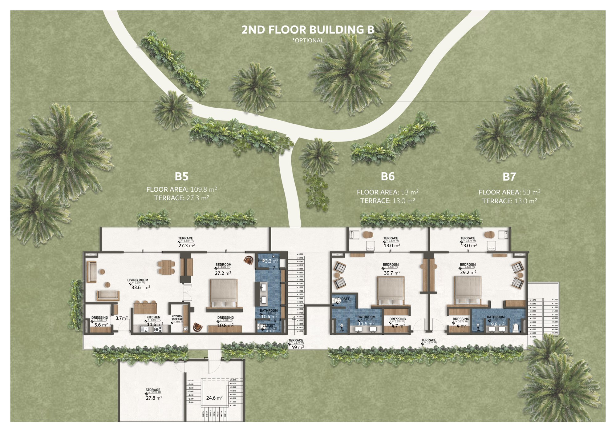 Plan du 2e étage du bâtiment B : l'appartement Diplomático et les lofts Maduro